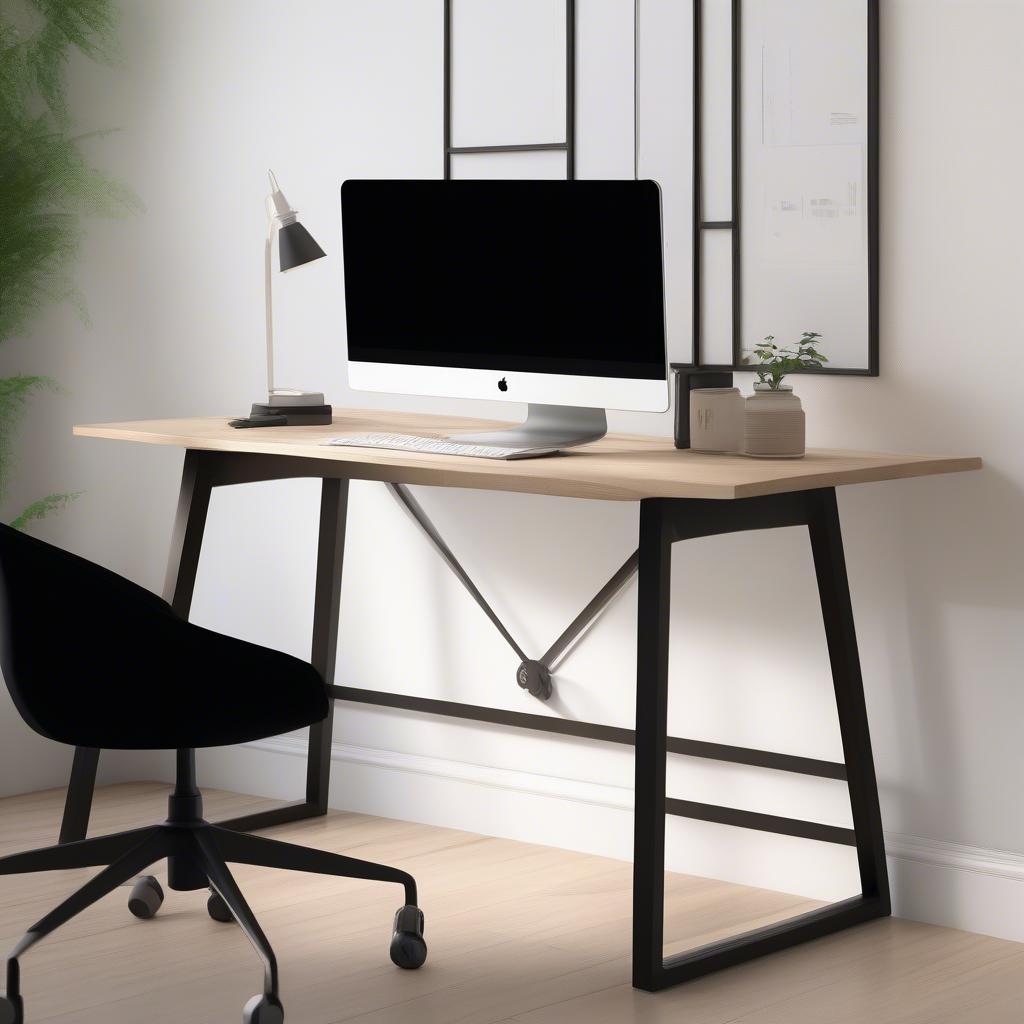 Bàn làm việc chân sắt tĩnh điện mặt gỗ MFC hiện đại