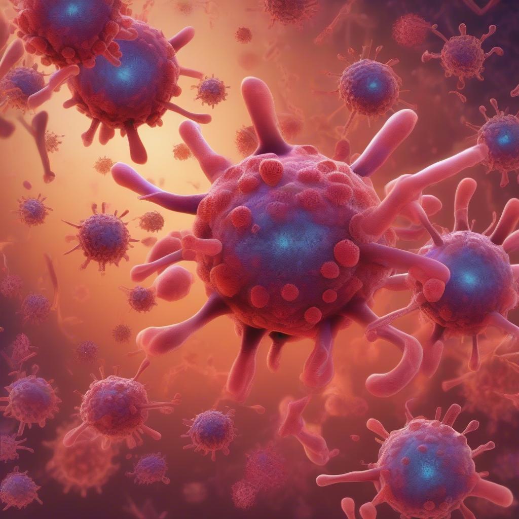 Hình ảnh mô tả virus tấn công hệ miễn dịch suy yếu.